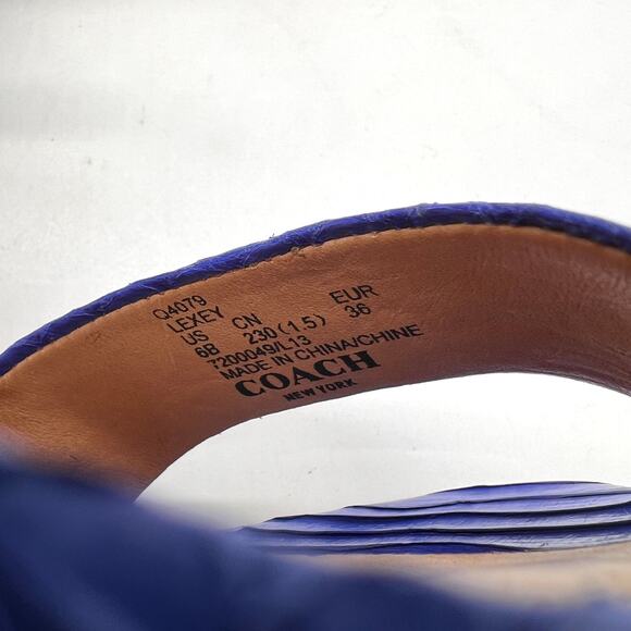 COACH Lexey Snake Embossed Leather Sandals 6 Cobalt Blue Stacked Block Heel - Picture 7 of 11